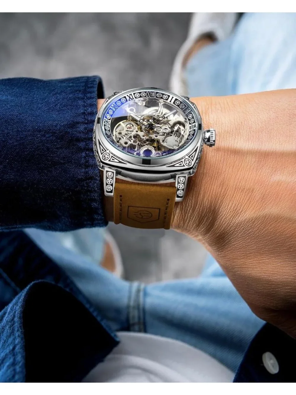 Men's Silver Brown Mechanical Leather Strap Self-Wind Carved Automatic Watch